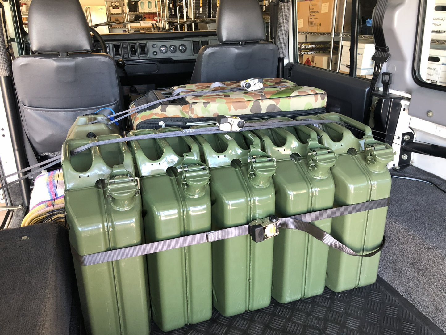Engel Freezer Fridge and Wavian Jerry Cans in John's Land Rover NAS Defender 110 Expedition Exchange
