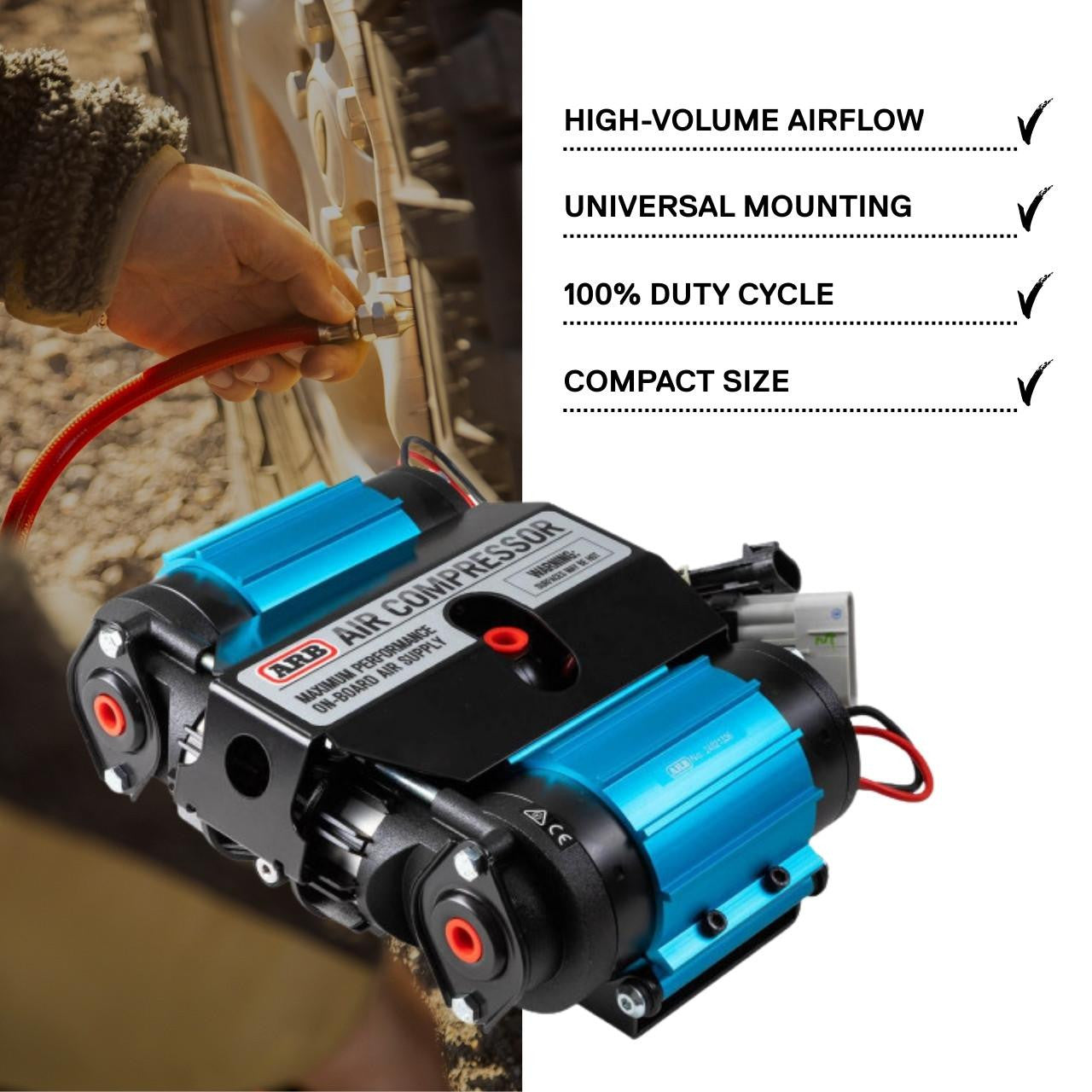 ARB Twin Motor Onboard 12V Air Compressor (CKMTA12) Expedition Exchange High Volume Airflow Universal Mounting 100% Duty Cycle Compact Size Elegant Appearance