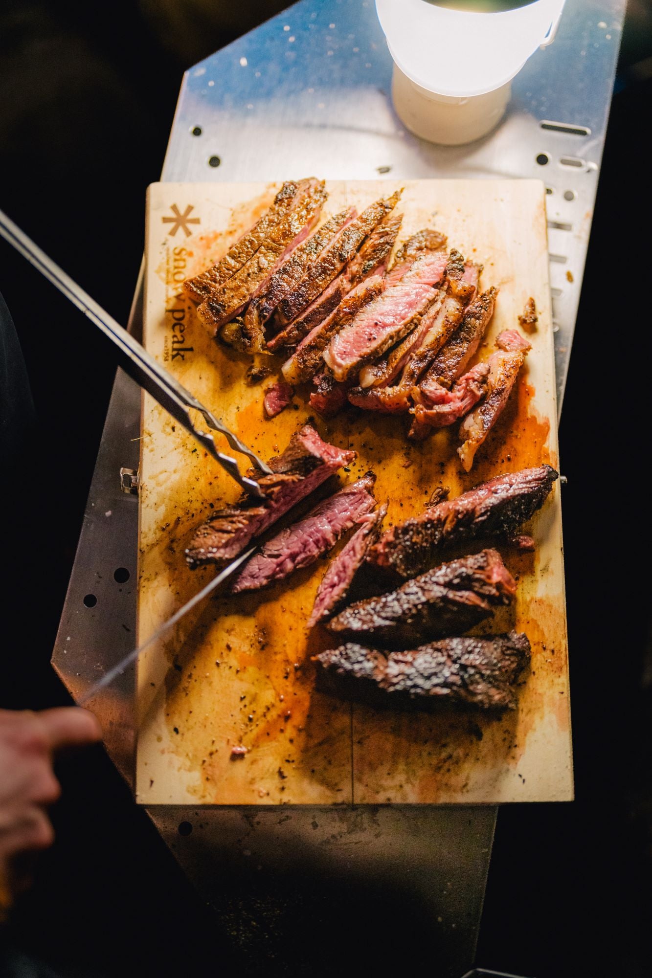 Snow Peak Large Cutting BoardMedium Rare Steaks Santoku Knife Tonghs Hozuki Lantern Takibi Fire Ring