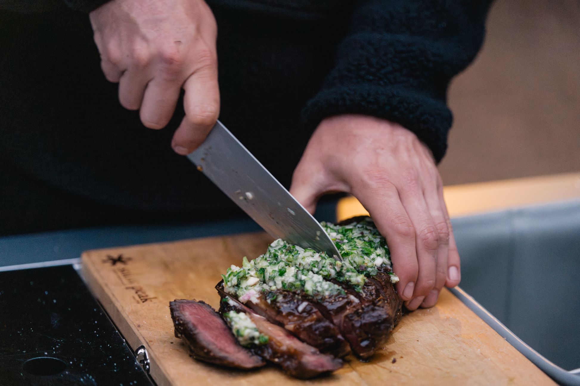 SnowPeakDiningLifestyle Snow Peak Cutting Board Santoku Knife Steak Garlic Chimichurri IGT Iron Grill Table System Medium Rare Stainless Half Insert