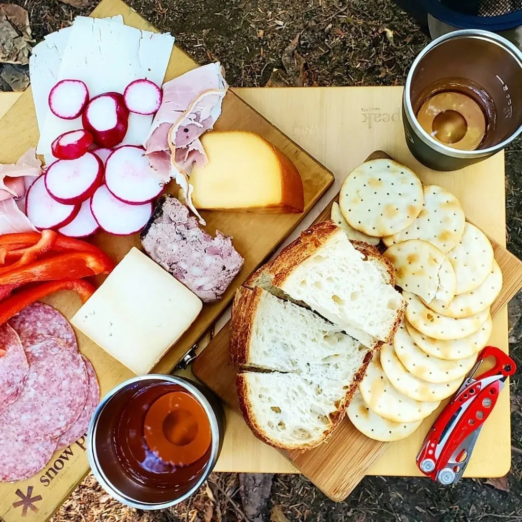 CS-208SnowPeakCuttingBoardSetL02 Expedition Exchange Charcuterie Board Bread Crackers Turnips Cheese Meatloaf Salami Bell Peppers My Table