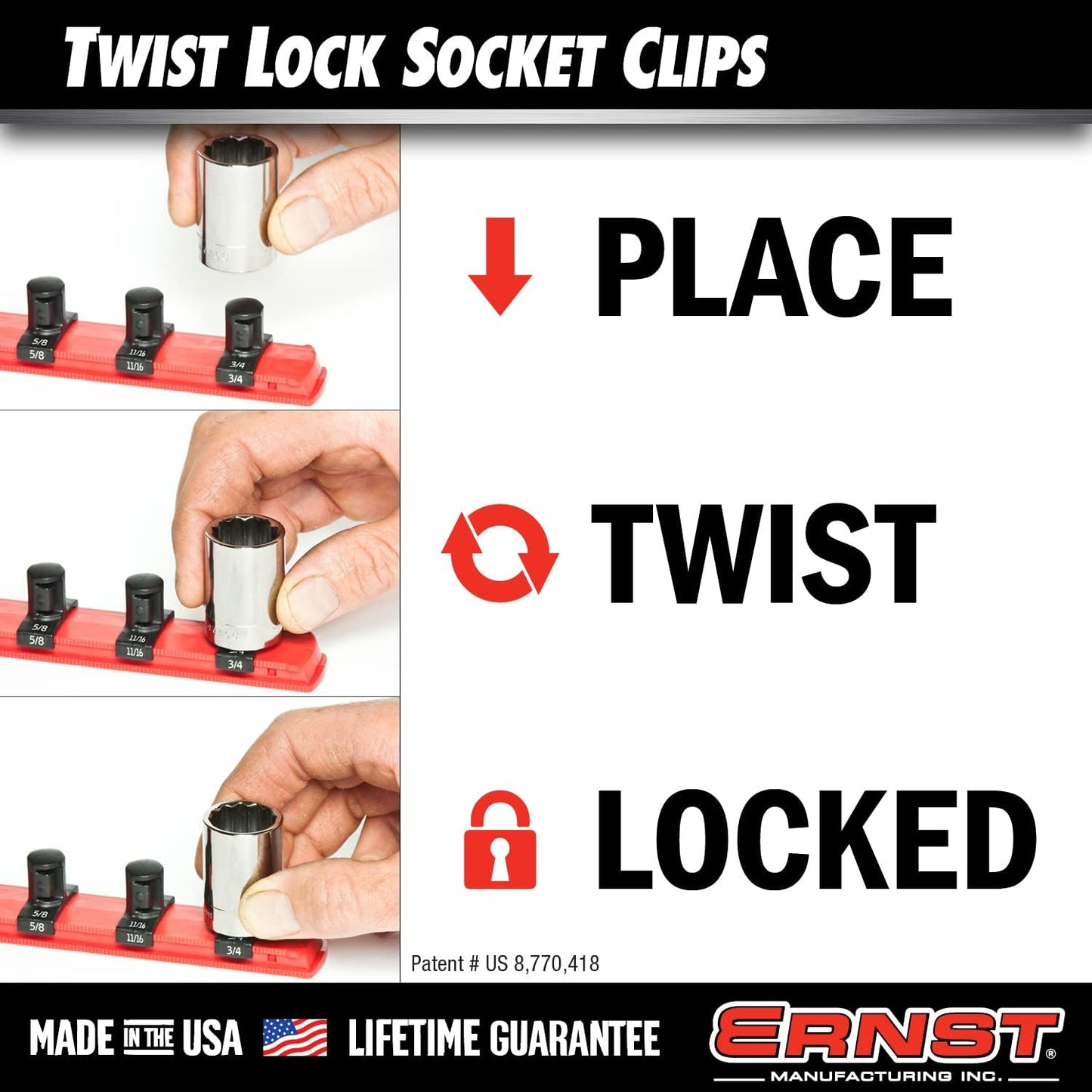Ernst Manufacturing RED Magnetic Socket Organizer With 1/4" Twist Lock Clips (8400M)