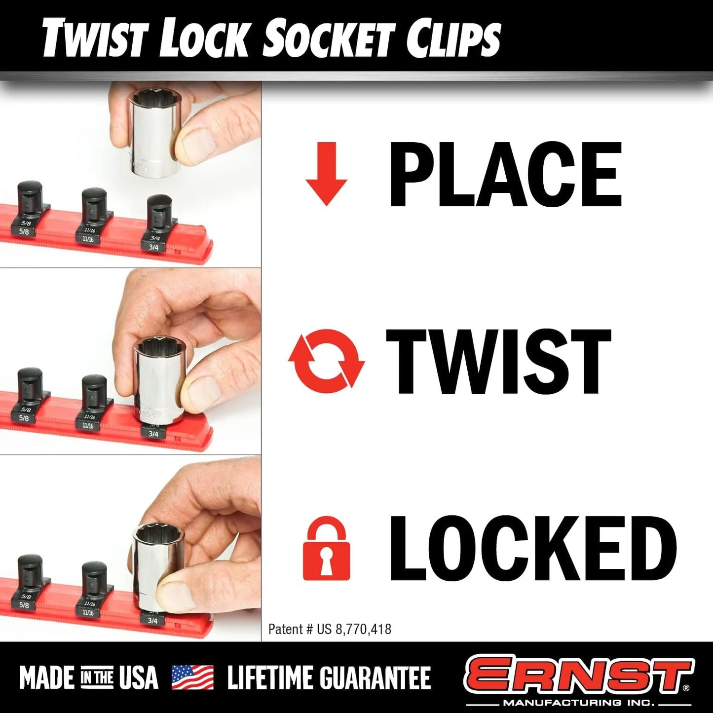 Ernst Manufacturing RED Magnetic Socket Organizer With 1/2" Twist Lock Clips (8402M)