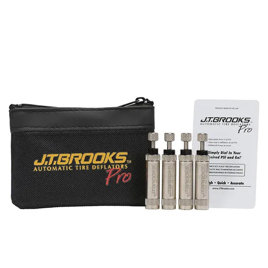 J.T. Brooks Automatic Tire Deflators PRO (ATDP4) Expedition Exchange PSI Scale Dial to Desired Pressure Stops Automatically Knurled Activation Knob To Intitiate Instruction Card