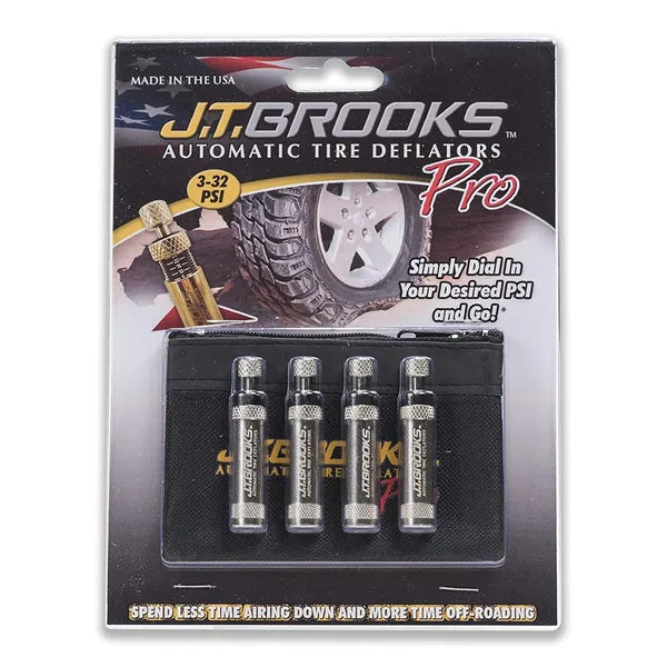 J.T. Brooks Automatic Tire Deflators PRO (ATDP4) Expedition Exchange PSI Scale Dial to Desired Pressure Stops Automatically Knurled Activation Knob To Intitiate Instruction Card