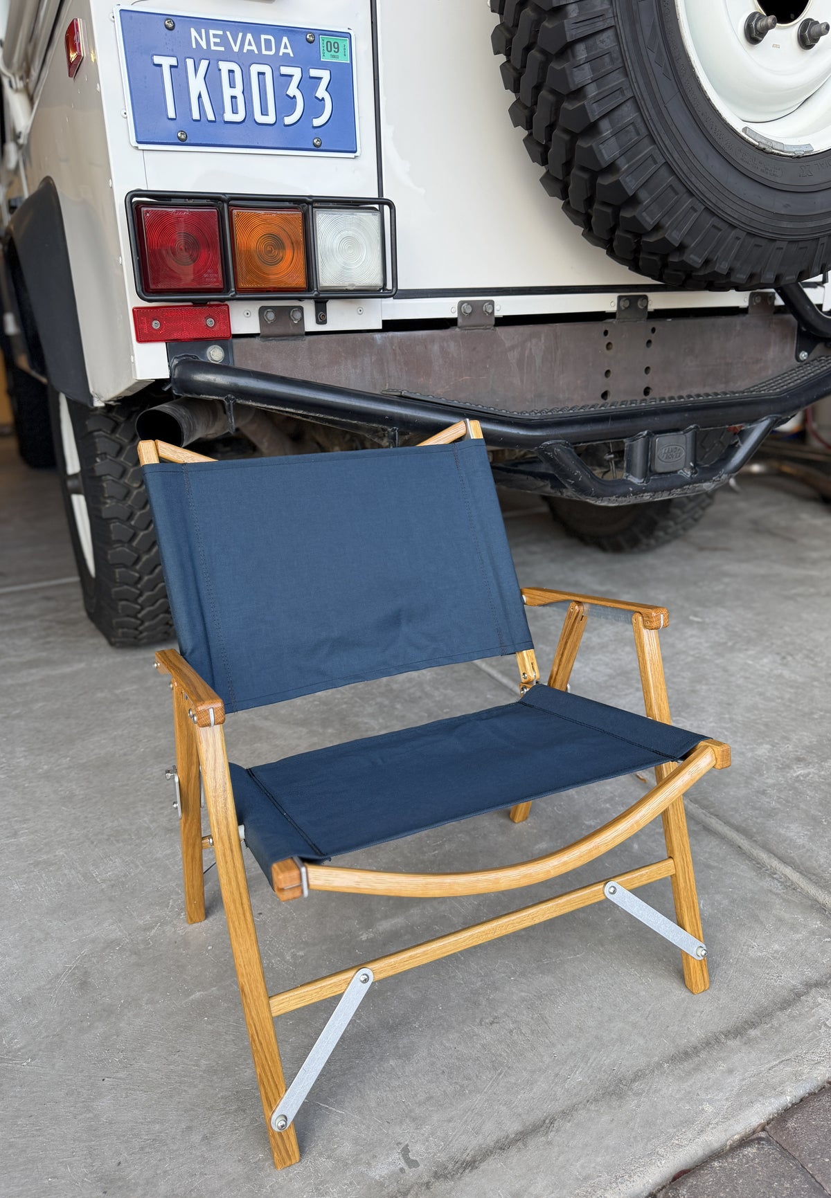 Kermit Chair Co. Navy Touring Chair (KCC103) Tennessee White Oak John Lee's NAS 110 Land Rover Defender North American Specification Michelin XZL White Steel Wheels