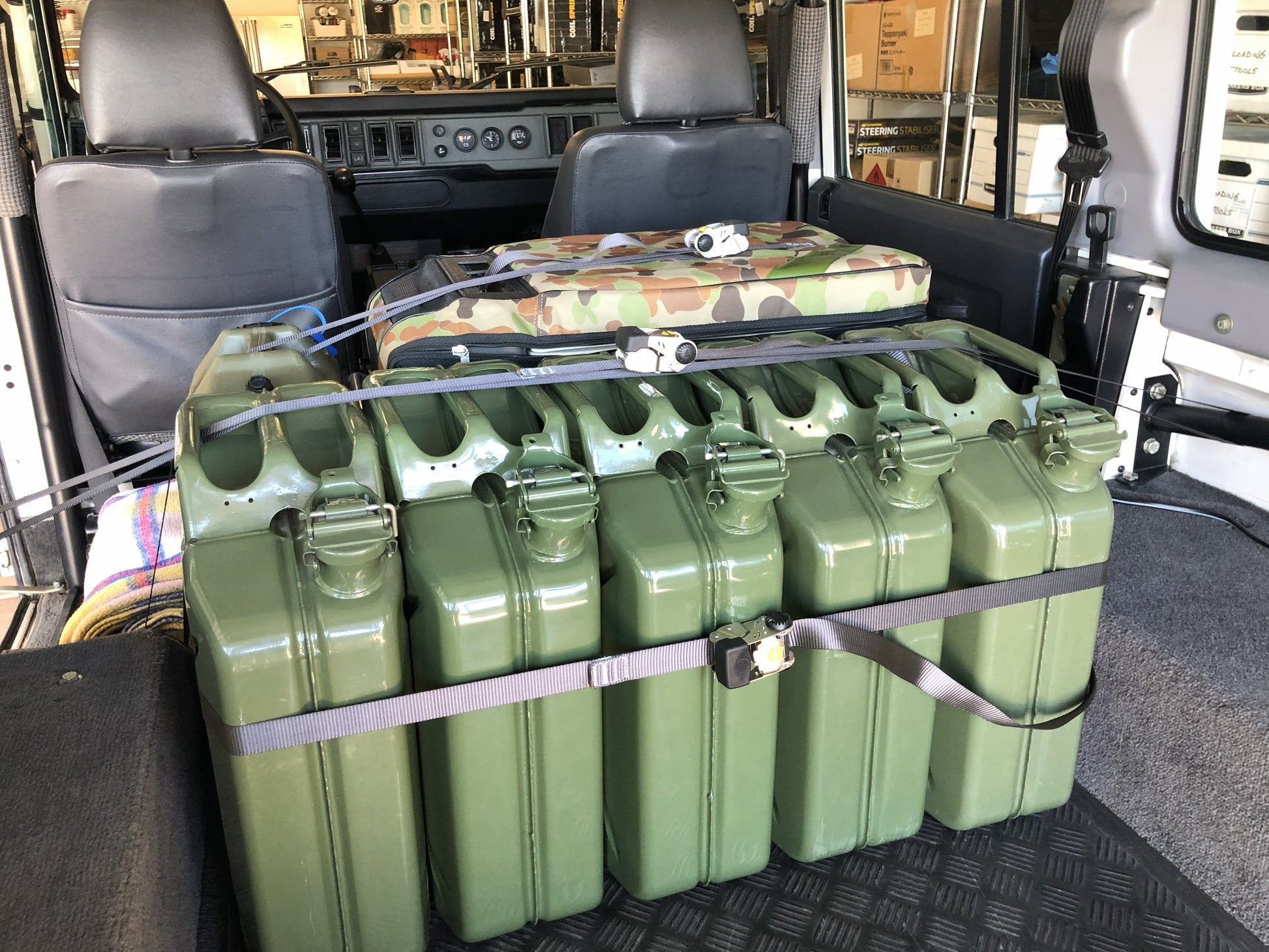Engel Freezer Fridge and Wavian Jerry Cans in John's Land Rover NAS Defender 110 Expedition Exchange