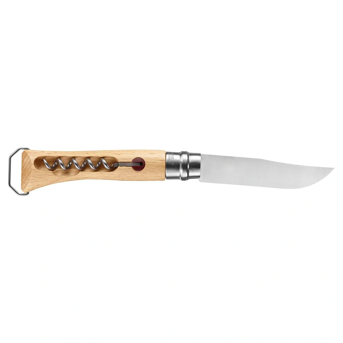 Opinel No.10 Corkscrew Folding Knife With Bottle Opener (002578) Side View Open Blade Closed Worm Corkscrew