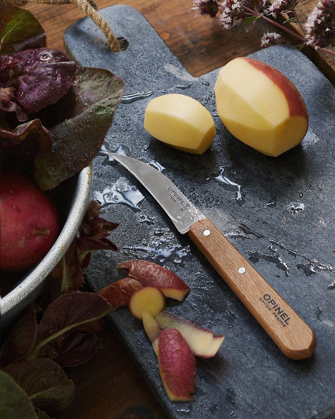 Opinel Les Essentiels du Cuisinier Natural Set (001300) Expedition Exchange Varnished Beechwood Handle Peeling Potatoes from Garden