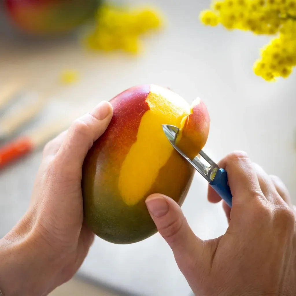 Opinel Les Essentiels du Cuisinier Primo Set (002576) Expedition Exchange Blue Peeler Working On Mango