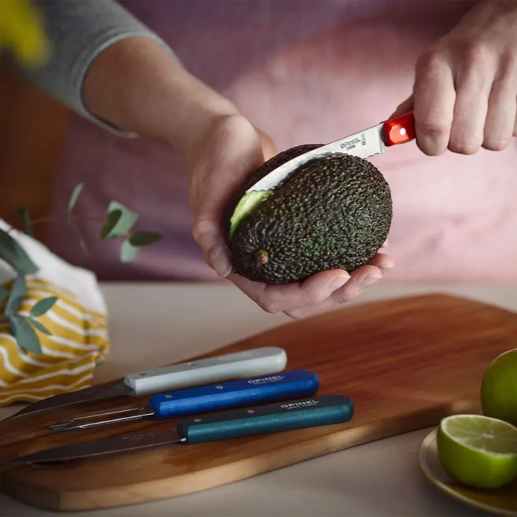 Opinel Les Essentiels du Cuisinier Primo Set (002576) Expedion Exchange Orange Serrated Knife Cuts Avocado Gray Blue Green