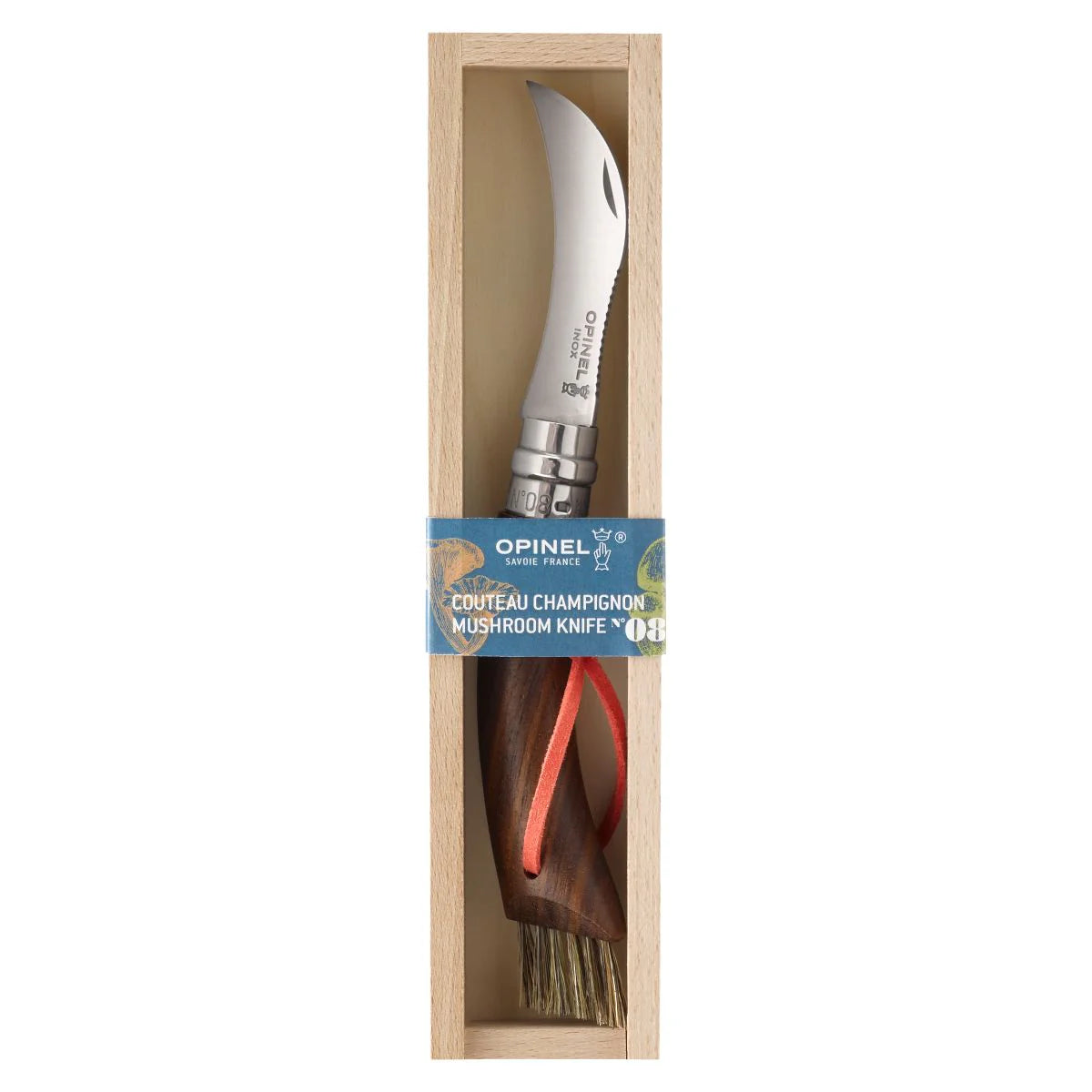 Opinel No.08 Mushroom BLACK WALNUT Folding Knife (003250) Expedition Exchange American Black Walnut Handle Varnished Boar's Hair Brush Bristles Bright Orange Lanyard