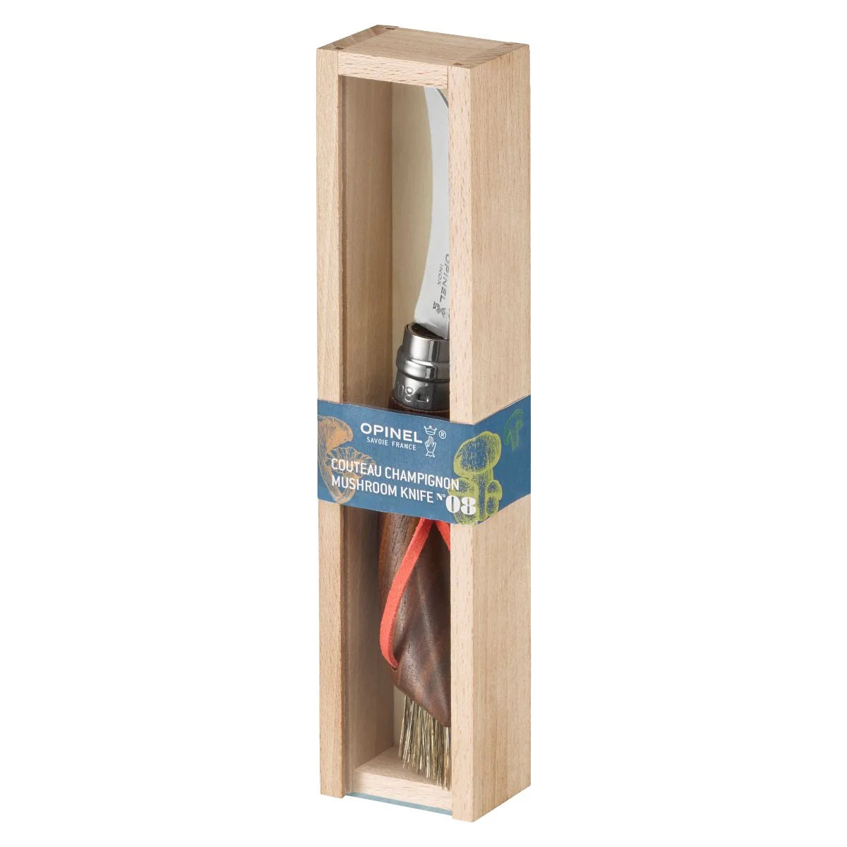 Opinel No.08 Mushroom BLACK WALNUT Folding Knife (003250) Expedition Exchange American Black Walnut Handle Varnished Boar's Hair Brush Bristles Bright Orange Lanyard