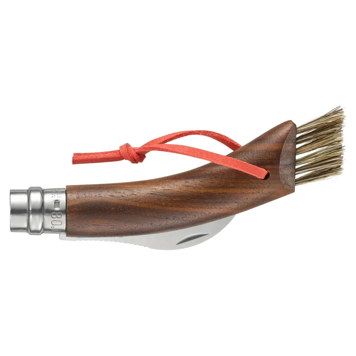 Opinel No.08 Mushroom BLACK WALNUT Folding Knife (003250) Expedition Exchange American Black Walnut Handle Varnished Boar's Hair Brush Bristles Bright Orange Lanyard