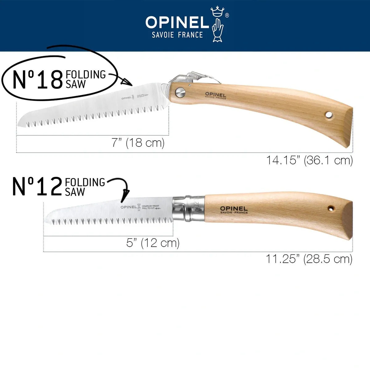 Opinel No.12 Folding Saw Knife (165126) Comparison to No.18 Folding Saw Both Have Varnished Beechwood Handles Different Locking System To Lock Blade