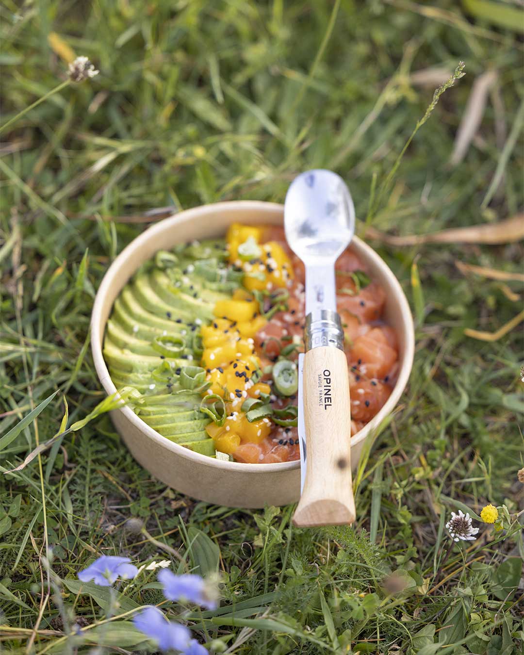 Opinel Picnic+ Cutlery Insert Set (002501) Attached To No.08 Stainless Opinel Folding Knife Beechwood Handle