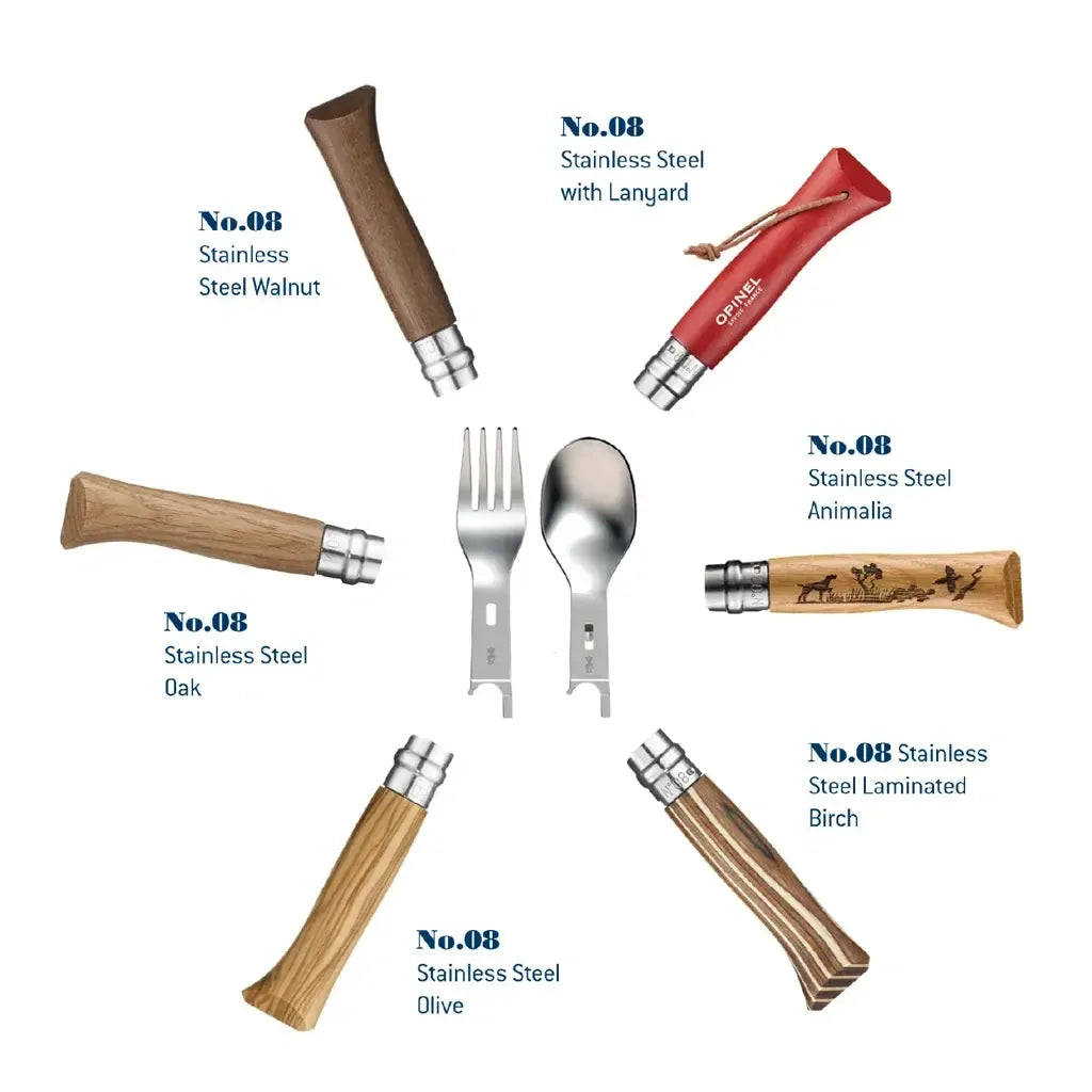 Opinel Picnic+ Cutlery Insert Set (002501) Attach To No.08 Walnut Oak Olive Laminated Birch Animalia Painted Colors Red Green