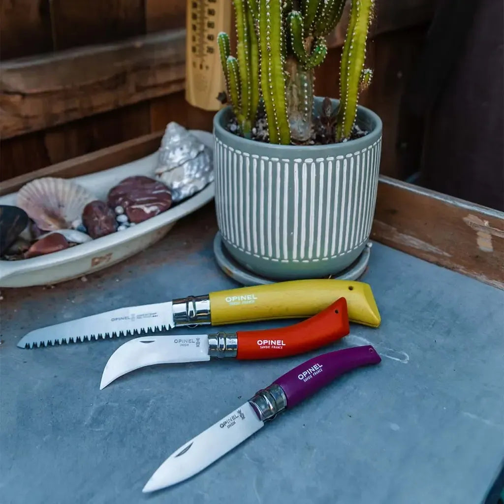 Opinel Stainless & Carbon Steel Garden Knife Trio, 3 Colors (001617) Expedition Exchange No.12 Folding Saw Knife No.08 Pruner Folding Knife No.08 Gardening Knife