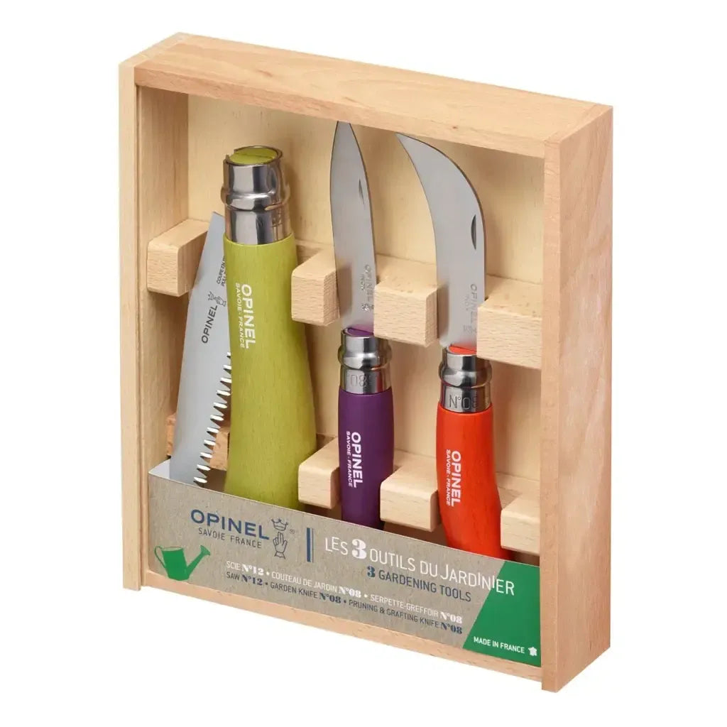 Opinel Stainless & Carbon Steel Garden Knife Trio, 3 Colors (001617) Expedition Exchange No.12 Folding Saw Knife No.08 Pruner Folding Knife No.08 Gardening Knife Wooden Gift Box Set Deluxe