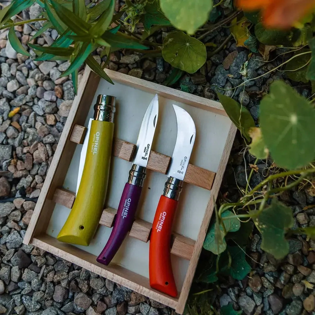 Opinel Stainless & Carbon Steel Garden Knife Trio, 3 Colors (001617) Expedition Exchange No.12 Folding Saw Knife No.08 Pruner Folding Knife No.08 Gardening Knife Deluxe Wooden Gift Box Set Beautiful