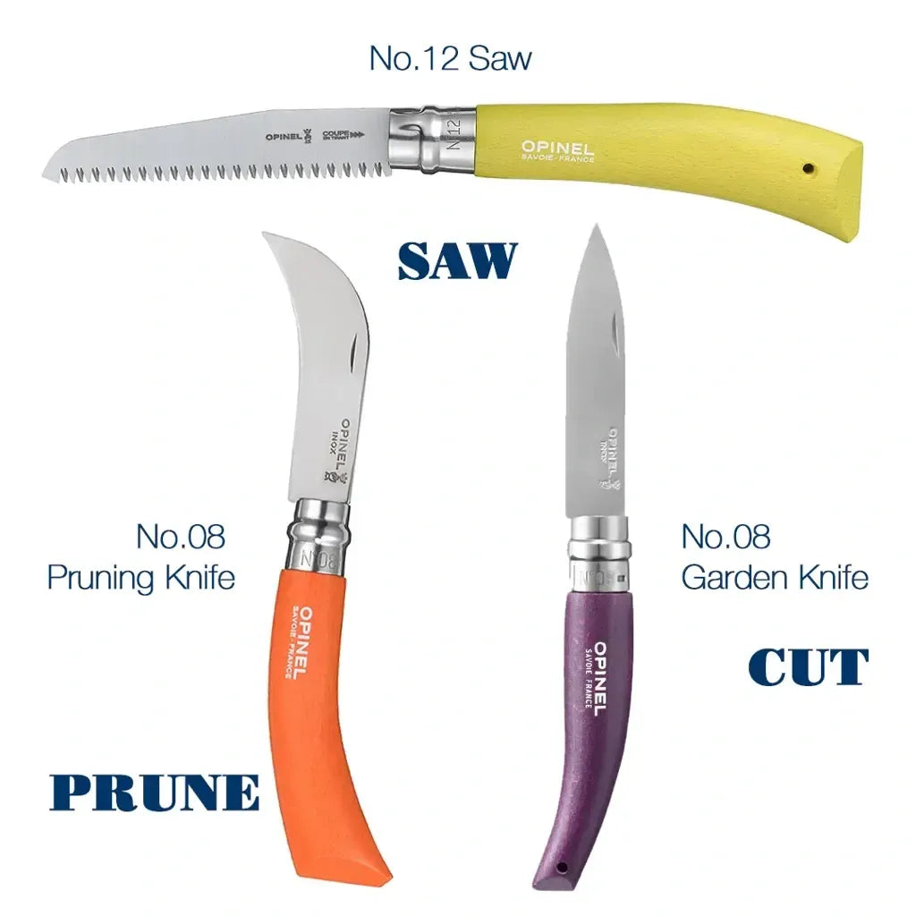Opinel Stainless & Carbon Steel Garden Knife Trio, 3 Colors (001617) Expedition Exchange No.12 Folding Saw Knife No.08 Pruner Folding Knife No.08 Gardening Knife