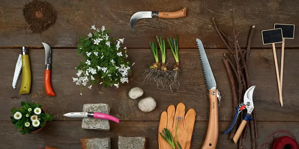 Opinel Stainless & Carbon Steel Garden Knife Trio, 3 Colors (001617) Expedition Exchange No.12 Folding Saw Knife No.08 Pruner Folding Knife No.08 Gardening Knife Hand Pruners Blue Green Red Yellow No.18 Folding Saw Knife