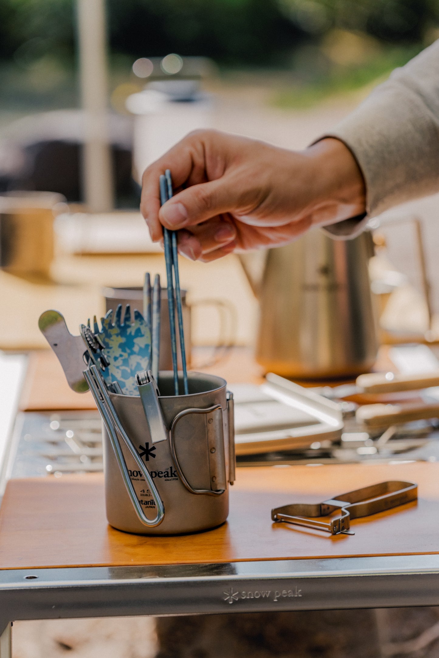 Snow Peak Wine Tool (CS-037) at Expedition Exchange Titanium Spork 450 Double Wall Mug Rotary Can Opener Titanium Chopsticks