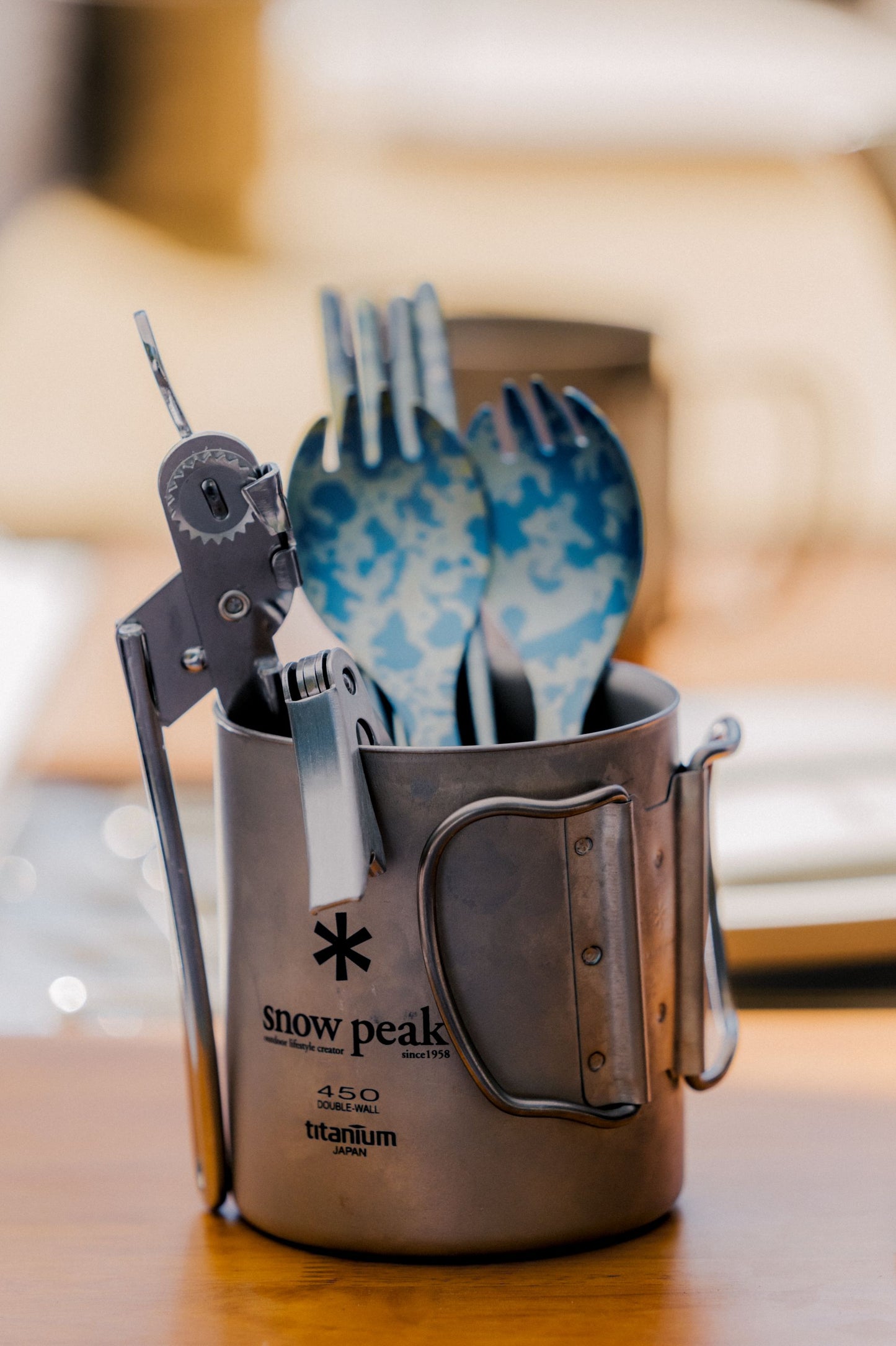 Snow Peak Wine Tool (CS-037) at Expedition Exchange Titanium Spork 450 Double Wall Mug Rotary Can Opener Titanium Chopsticks