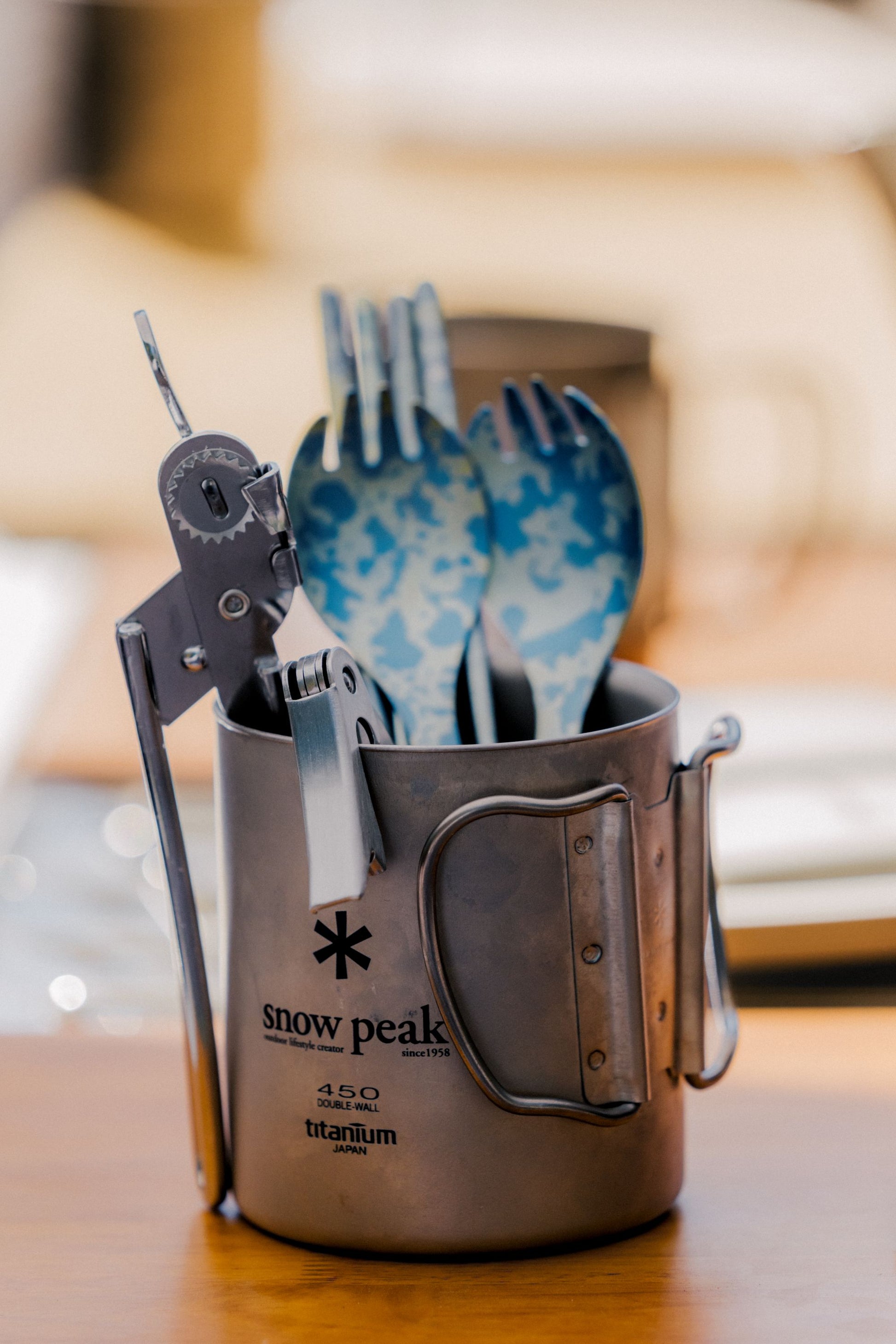 Snow Peak Wine Tool (CS-037) at Expedition Exchange Titanium Spork 450 Double Wall Mug Rotary Can Opener Titanium Chopsticks