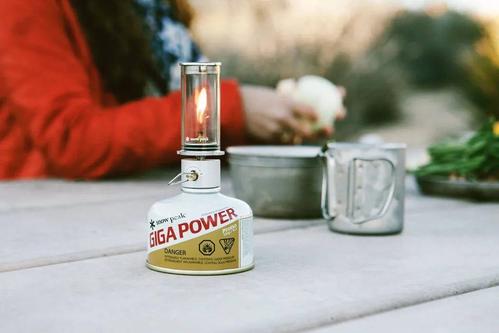 Snow Peak GigaPower Fuel 110 Gold Isobutane Fuel Canister (GP-110G-US) Nocturne Lantern Titanium Bowls Titanium Double Wall Insulated Mug Folding Handles Expedition Exchange