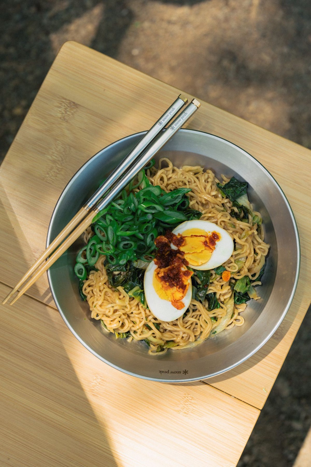 Snow Peak My Table (LV-034TR) Ramen Eggs Onions Chili Crisp Snow Peak Pack N Carry Takedown Chopsticks Ash Tips Stainless Bowl from Tableware Family L Set