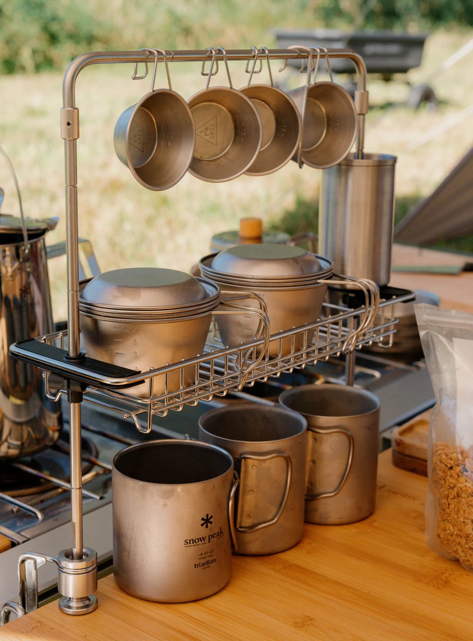 Snow Peak Classic Kettle Flat Burner IGT Iron Grill Table Bamboo Side Table Extension 450 Double Wall Titanium Cup Mug Mesh Basket Charcuterie Plate Expedition Exchange