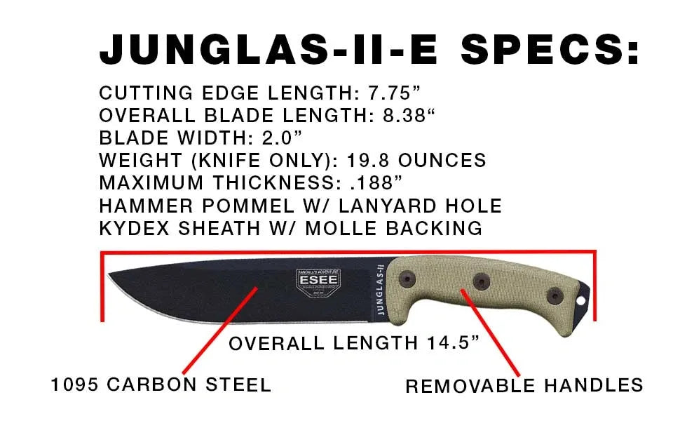 ESEE Knives Junglas II with Black Blade, Kydex Sheath, Canvas Micarta Handles (JUNGLAS-II-E)